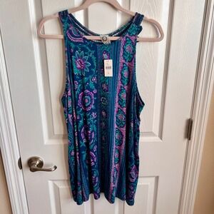 New Anthropologie Akemi + Kin Floral Print Tank‎ Top Crochet Back Detail XL